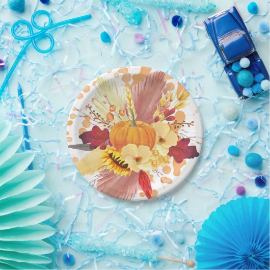 Waterverf Pompoen en Bloemen Thanksgiving Papieren Bordje (Feest)