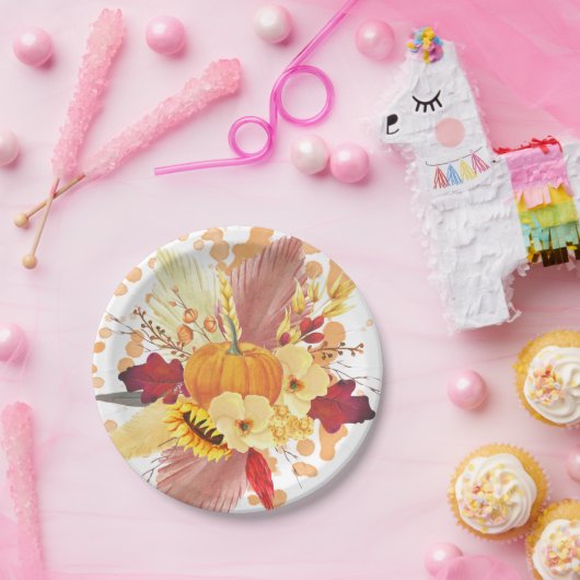 Waterverf Pompoen en Bloemen Thanksgiving Papieren Bordje (Feest)