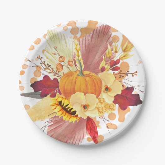 Waterverf Pompoen en Bloemen Thanksgiving Papieren Bordje (Voorkant)