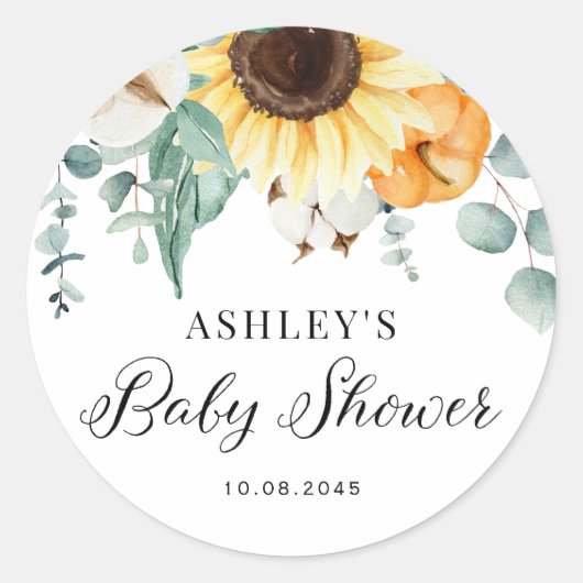 Waterverf Pompoen en Zonnebloem Herfst Baby shower Ronde Sticker (Voorkant)