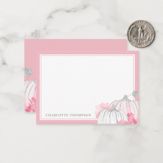 Waterverf Pompoen Glitter Blozende Roze Zilver Notitiekaartje (Voorkant / Achterkant in situ)