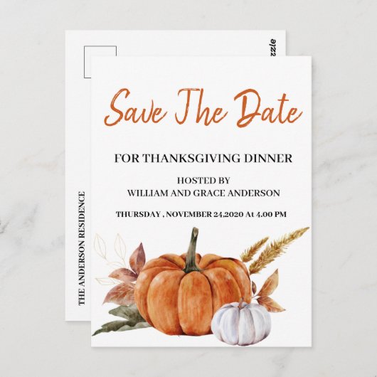 Waterverf pompoen Opslaan Datum Thanksgiving Briefkaart (Voorkant / Achterkant)