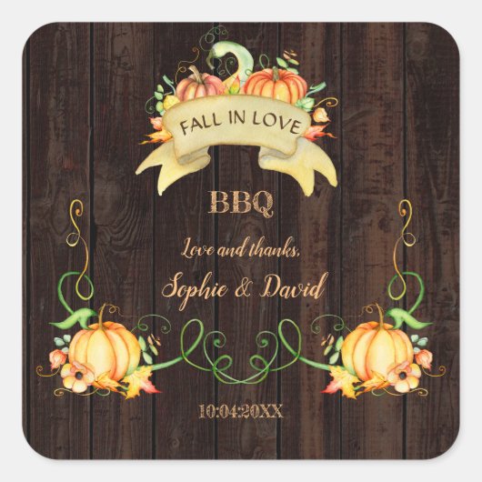Waterverf Pompoen Oude Schuur BBQ Verliefd Worden Vierkante Sticker (Voorkant)