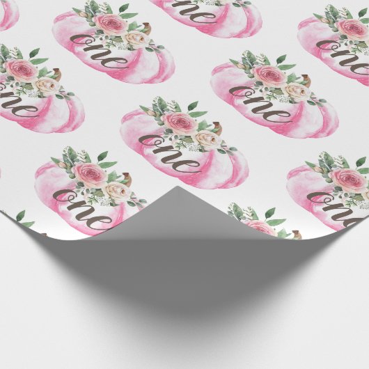 Waterverf Pompoen Roze Goud Bloemen 1e Verjaardag Cadeaupapier (Hoek)
