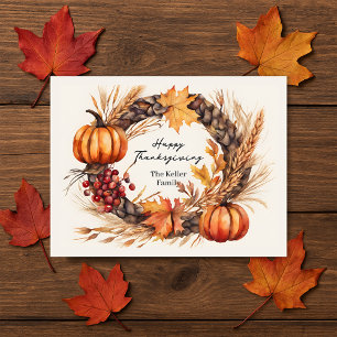 Waterverf Pompoen & Tarwe Thanksgiving Krans Briefkaart