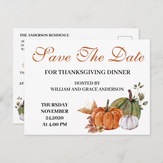 Waterverf pompoen Thanksgiving Opslaan Datum Briefkaart (Voorkant / Achterkant)