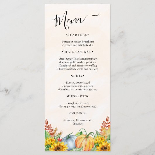 Waterverf Pompoen Zonnebloem Thanksgiving Menu (Voorkant)