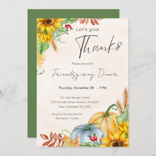 Waterverf Pompoen Zonnebloem Vriendschapsdiner Kaart (Voorkant / Achterkant)