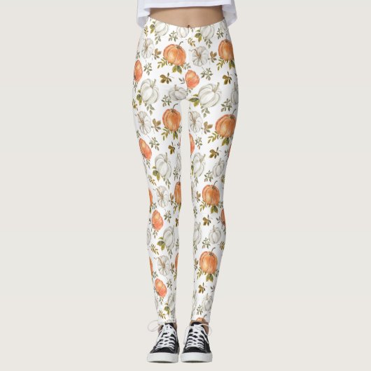 Waterverf pompoenen en gebladerte herfstpatroon leggings (Voorkant)