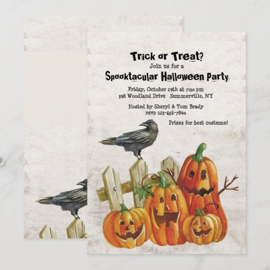 Waterverf pompoenen en kraai Halloween uitnodiging (Voorkant / Achterkant)