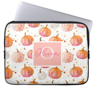Waterverf Pompoenpatroon met naam Laptop Sleeve