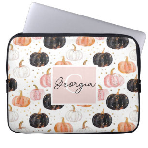 Waterverf Pompoenpatroon met naam Laptop Sleeve