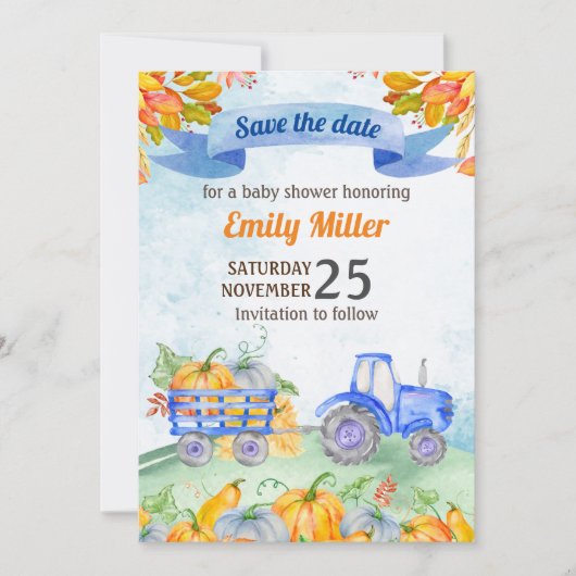 Waterverf pompoentractor slaat de datum op save the date (Voorkant)