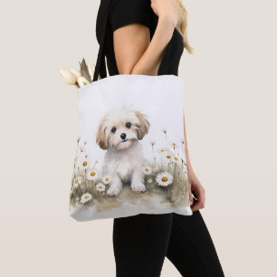Waterverf Poodle Hond In Madeliefjes Draagtas