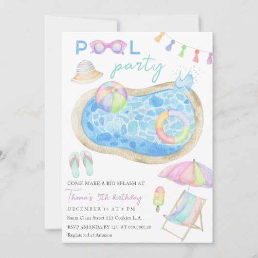Waterverf Pool Party Verjaardagsuitnodiging Kaart (Voorkant)