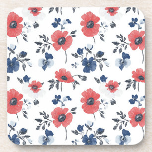 Waterverf Poppies Patroon – Rood, Blauw & Wit (2) Bier Onderzetter