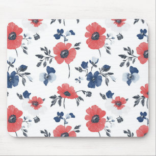 Waterverf Poppies Patroon – Rood, Blauw & Wit (2) Muismat