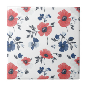 Waterverf Poppies Patroon – Rood, Blauw & Wit (2) Tegeltje
