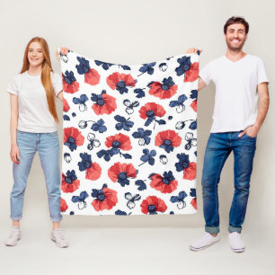Waterverf Poppies Pattern – Rood, Blauw & Wit (3) Fleece Deken