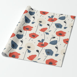 Waterverf Poppies Pattern – Rood, Blauw & Wit Cadeaupapier