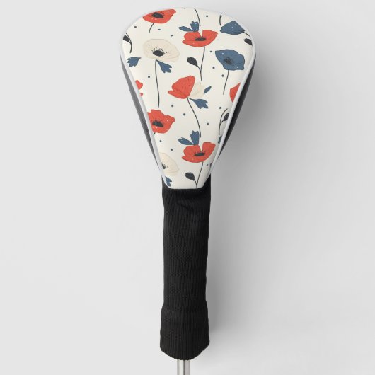 Waterverf Poppies Pattern – Rood, Blauw & Wit Golfheadcover (Voorkant)