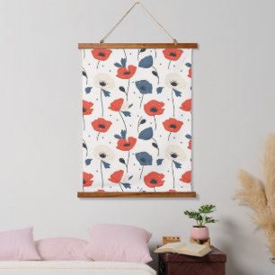 Waterverf Poppies Pattern – Rood, Blauw & Wit Hangend Wandkleed