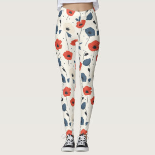 Waterverf Poppies Pattern – Rood, Blauw & Wit Leggings