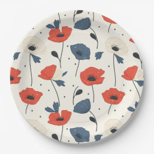 Waterverf Poppies Pattern – Rood, Blauw & Wit Papieren Bordje