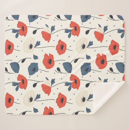 Waterverf Poppies Pattern – Rood, Blauw & Wit Sherpa Deken (Voorkant (horizontaal))