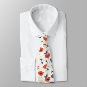 Waterverf Poppies Pattern – Rood, Blauw & Wit Stropdas