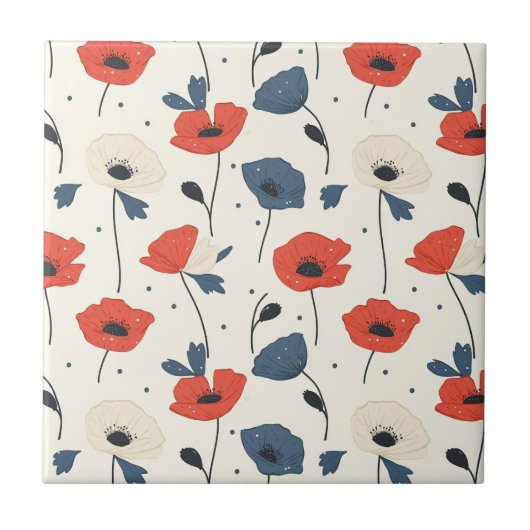 Waterverf Poppies Pattern – Rood, Blauw & Wit Tegeltje (Voorkant)