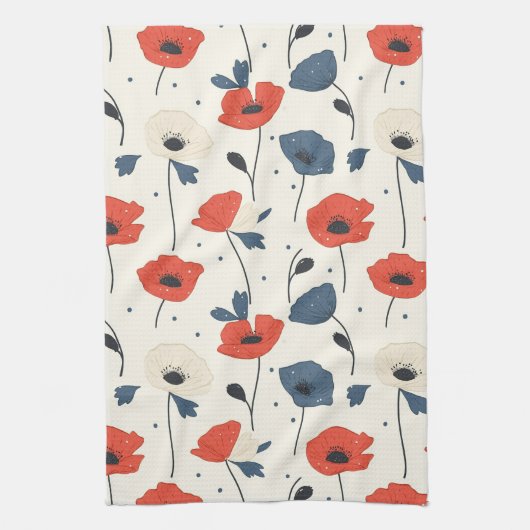 Waterverf Poppies Pattern – Rood, Blauw & Wit Theedoek (Verticaal)