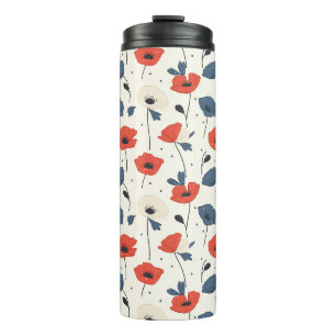 Waterverf Poppies Pattern – Rood, Blauw & Wit Thermosbeker