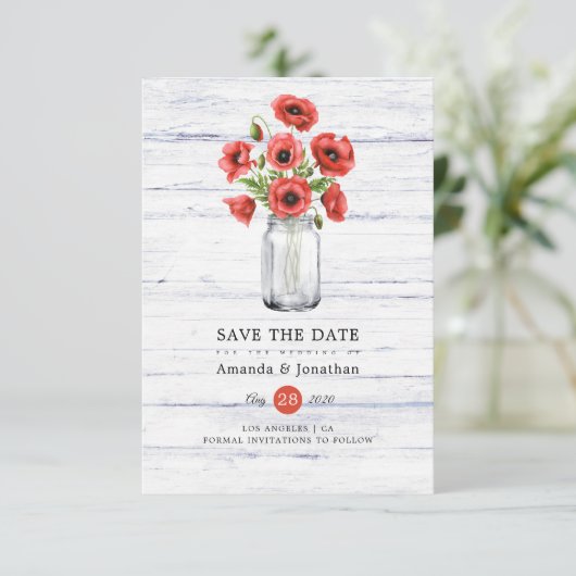 Waterverf Poppy rustieke Mason Jar bruiloft Save The Date (Staand voorkant)