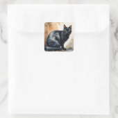 Waterverf Portret van Black Cat Pose Vierkante Sticker (Tas)