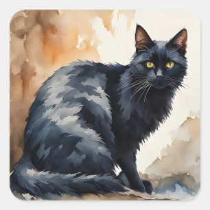 Waterverf Portret van Black Cat Pose Vierkante Sticker