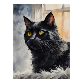 Waterverf Portret van Black Cat Pose Windows Perfect Poster