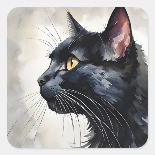 Waterverf Portret van Black Cat Profile Pose Vierkante Sticker (Voorkant)