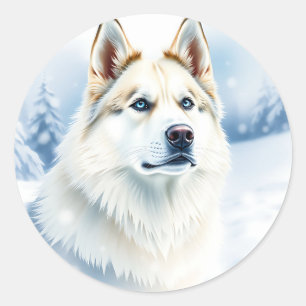 Waterverf portret van Siberische Husky in Snowy Ronde Sticker