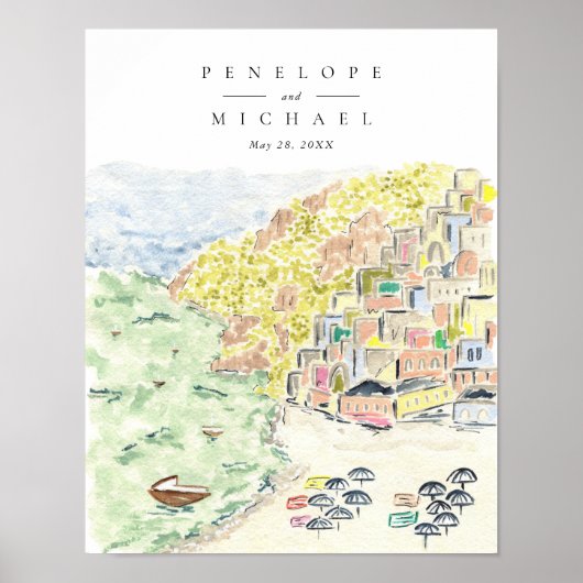 Waterverf Positano Italië Bestemmingsweddenschap Poster (Voorkant)