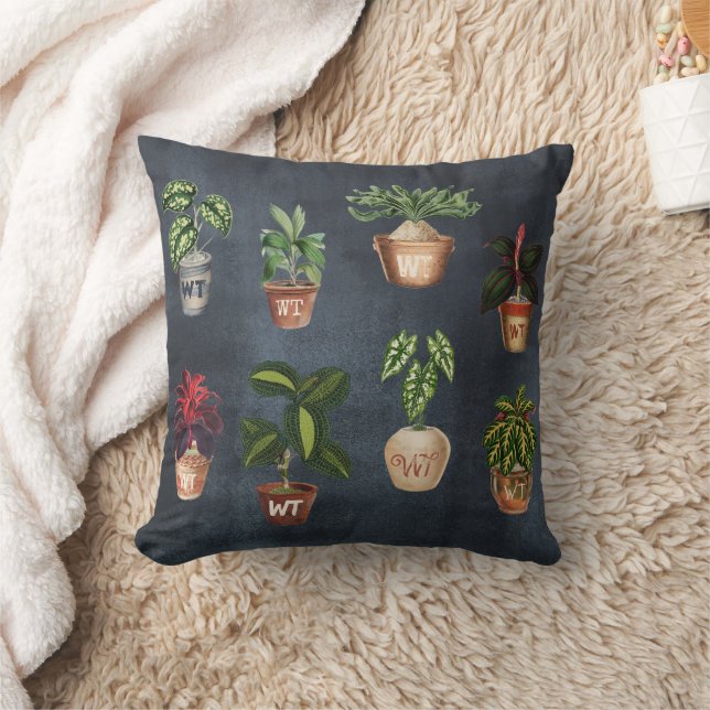 Waterverf Potlood Planten Rustic Monogram Black Kussen (Deken)