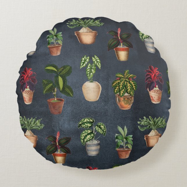 Waterverf Potlood Planten Rustic Pattern Black Rond Kussen (Voorkant)