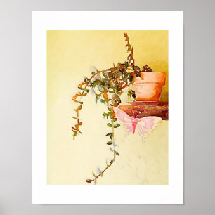 Waterverf Potplant en Vlinder Poster