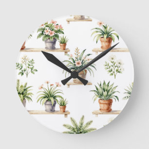 Waterverf Potplanten Plank Patroon Ronde Klok