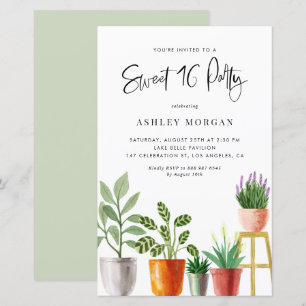 Waterverf Potted Planten Sweet 16 Party Invitation