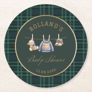 Waterverf preppy geruite teddybeer babyshower ronde kartonnen onderzetter