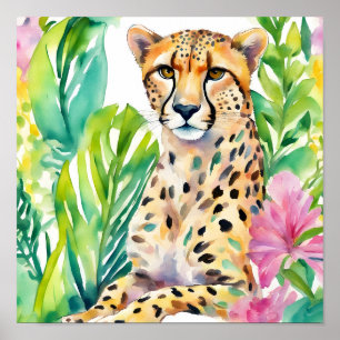 Waterverf Preppy Palm Beach Cheetah in Flowers Poster