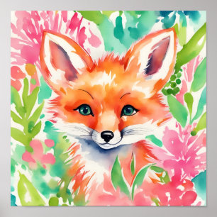 Waterverf Preppy Palm Beach Fox in Flowers Poster