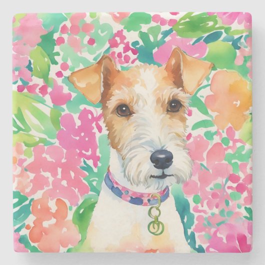 Waterverf Preppy Palm Beach Fox Terrier Dog Stenen Onderzetter (Voorkant)