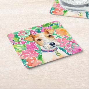 Waterverf Preppy Palm Beach Fox Terrier Dog Vierkante Kartonnen Onderzetter